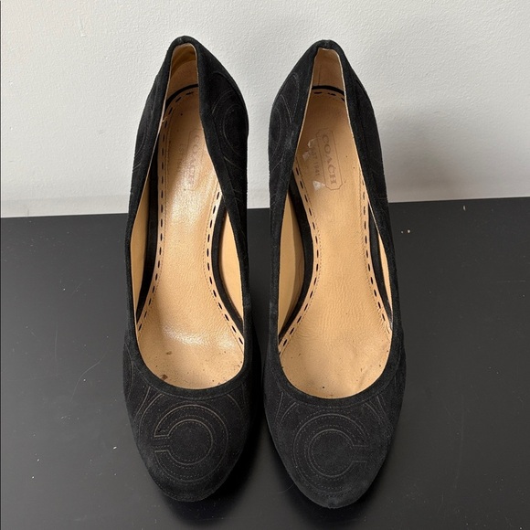 Coach Brigett suede logo stitched platform pumps heels stiletto black 10B - Picture 6 of 16
